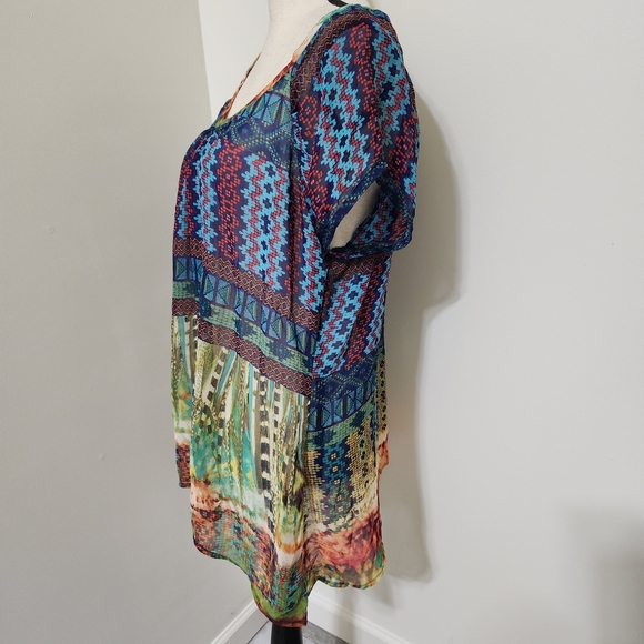 VALERIE STEVENS Sheer Geometric Multicolor Short Sleeve Lace Blouse XL - Picture 11 of 16